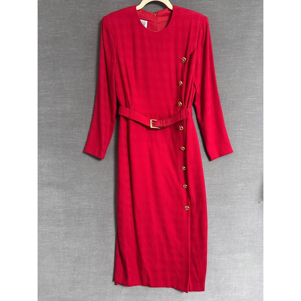 Vintage Yves Cossette Depeche Mode Dress 4 Red Wool Belted Career Work Suit 90s
